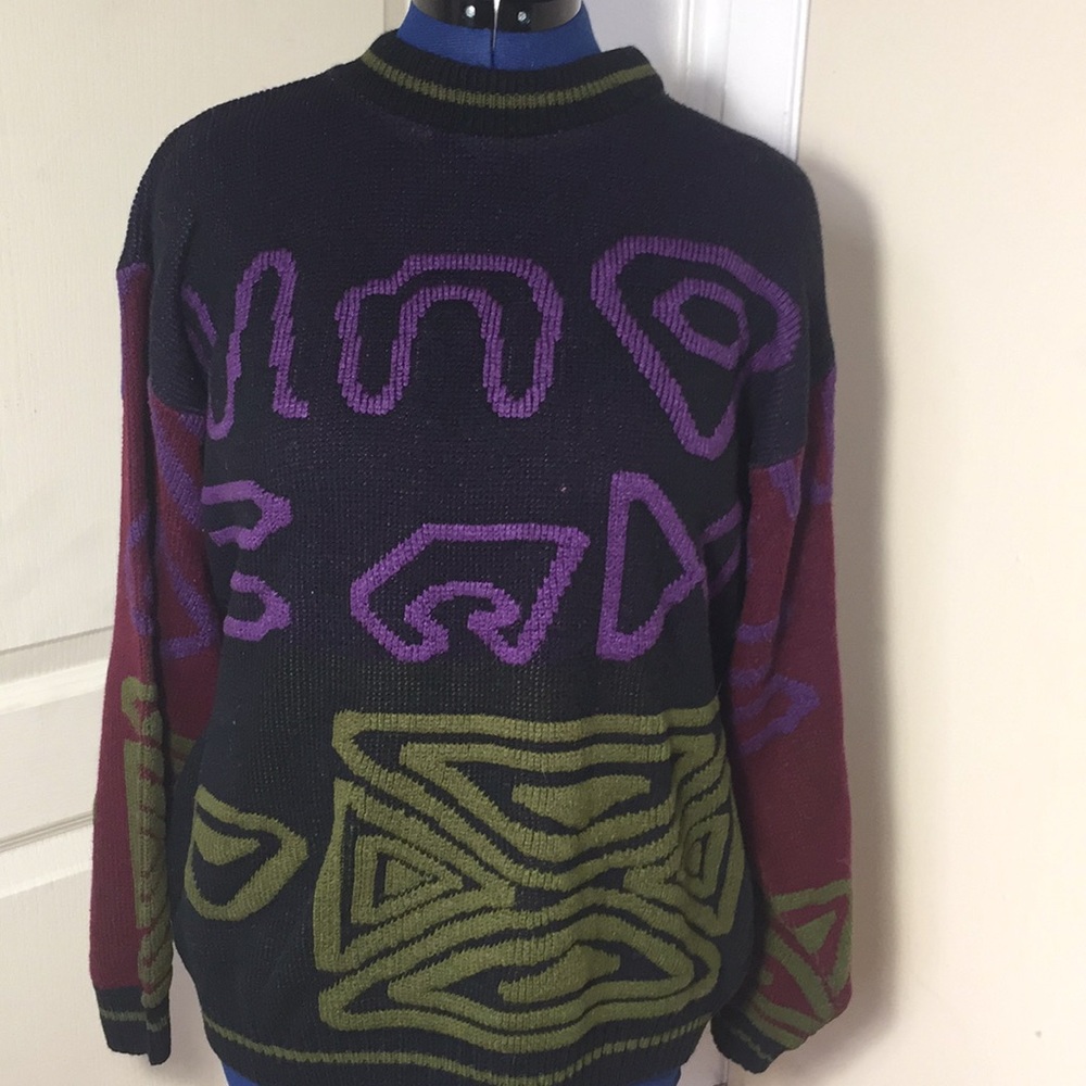 Vintage 80’s geometric crewneck sweater L - Picture 2 of 8